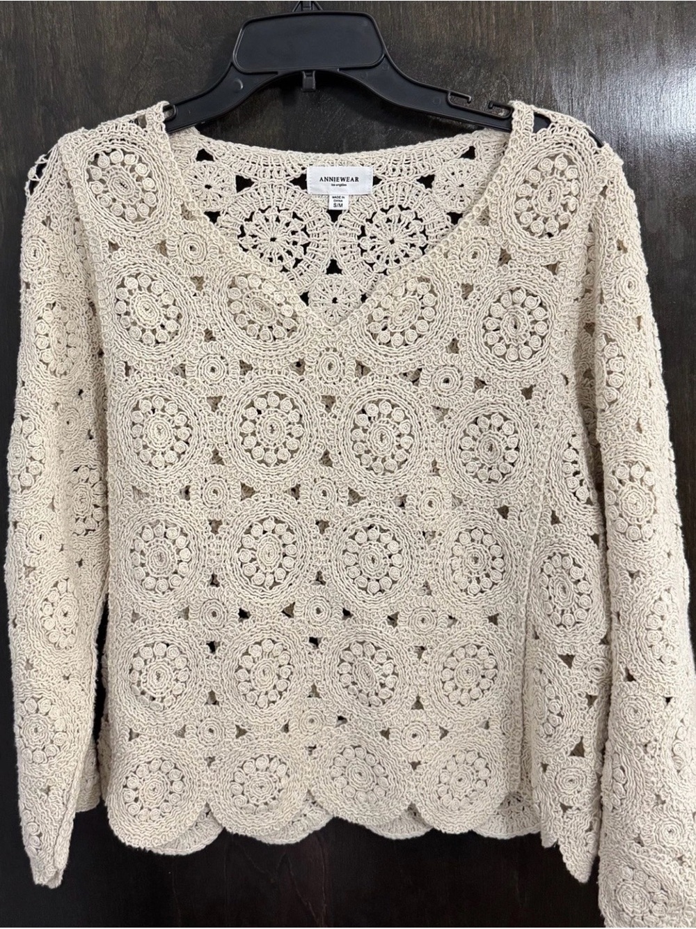 Anniewear Sweater V-neck Long Sleeve Solid Color Tops Jacquard Hollow Out S/M